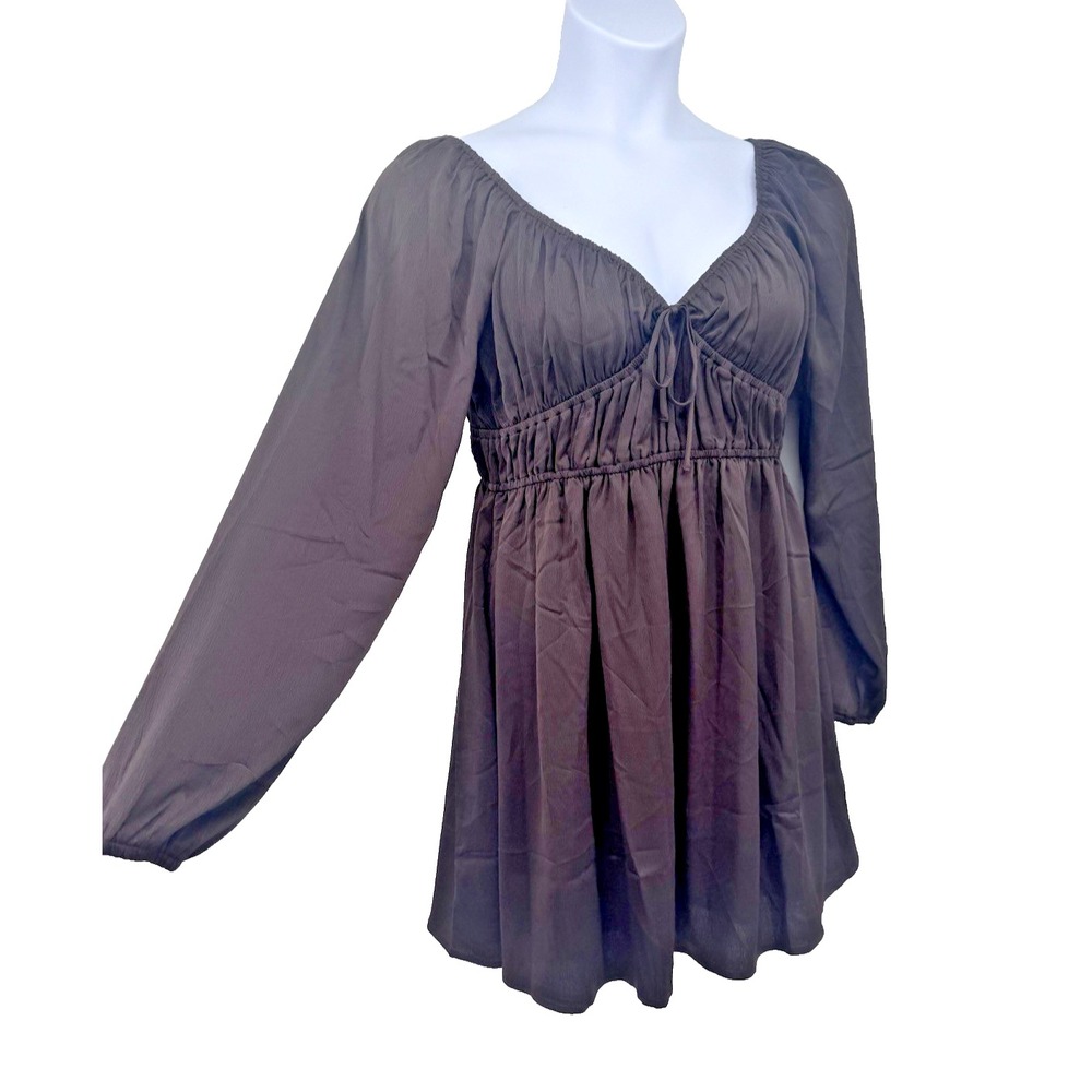 Magnolia Boutique Y2K Whimsigoth Brown Babydoll Top Ruched Bust Tie Front M